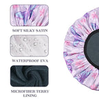 Purple Butterfly Print Satin Shower Cap, Three-Layer Terry Cloth Lined - Image 3
