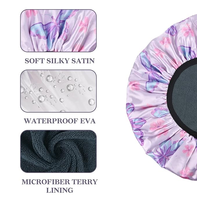 Purple Butterfly Print Satin Shower Cap, Three-Layer Terry Cloth Lined - Image 3