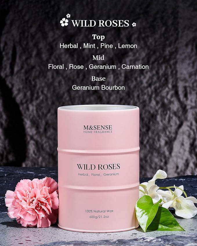 M&SENSE Wild Rose Large Natural Scented Candle, 120 Hours Long Lasting Soy - Image 3