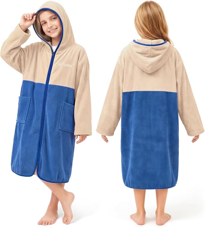 Hiturbo Kids Bath Towel Hoodie: Zipper Surf Poncho Long Sleeve Quick Dry by HiTurbo--MakeDivingEasy