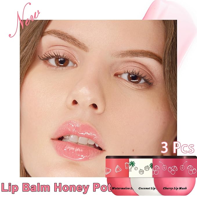 3 PCS Bee Lip Balm Lip Mask Honey Pot, Watermelon & Cherry & Coconut Lip Mask - Image 6