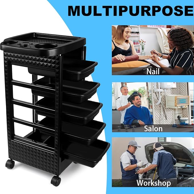 Salon Trolley Cart with Wheels & 5 Drawers, Salon Rolling Stations - Image 3