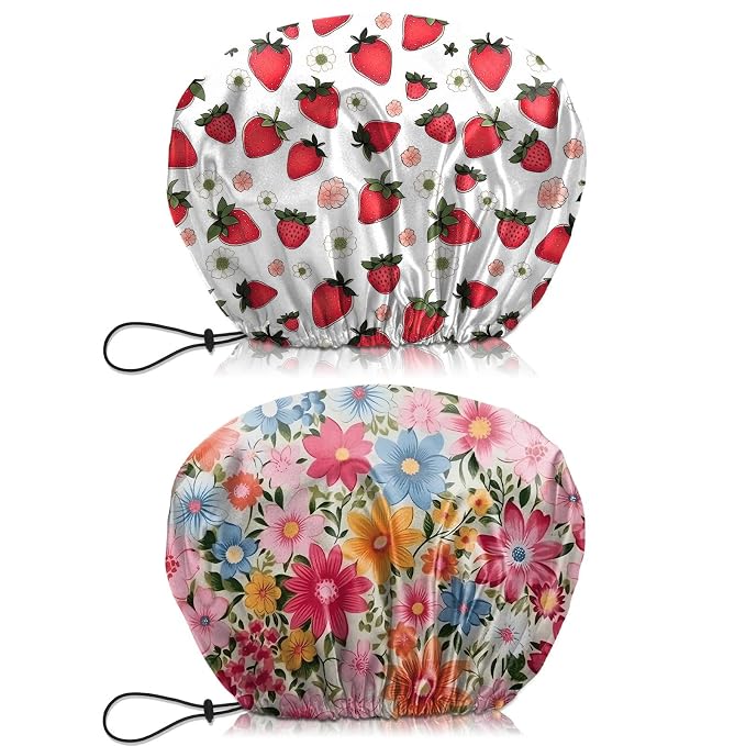 2 PCS Shower Cap Waterproof Double Layer Elastic Adjustable Reusable Hair Bath by BHAHB
