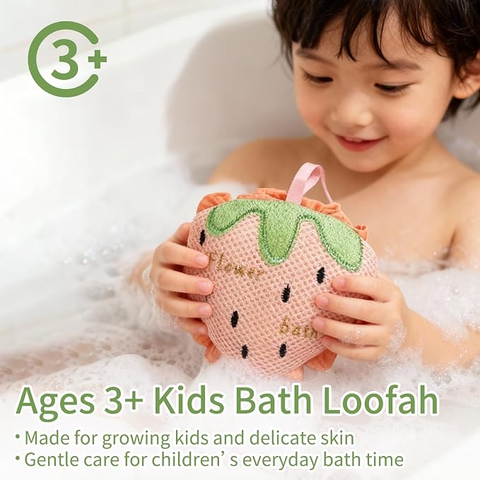 Kids Bath Sponge, Cute Kids Loofah Frog&Strawberry Shower Pouf, Soft Mesh Bath - Image 3