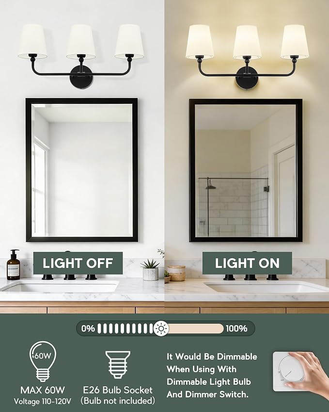 Bathroom Light Fixtures, 3-Light Matte Black Vanity Lights - Image 4