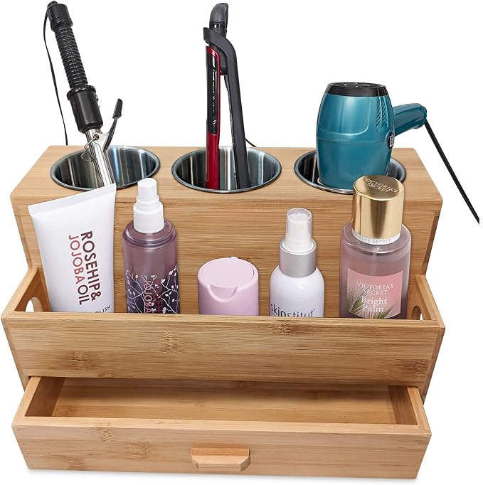 Harzen Brothers Hair Tool Organizer- Bamboo, Blow Dryer Holder, Bathroom by HarzenBrothers