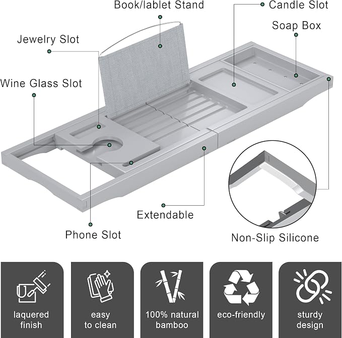 Foldable Bathtub Caddy Tray for Tub, Bamboo Expandable Bath Table Trays - Image 5
