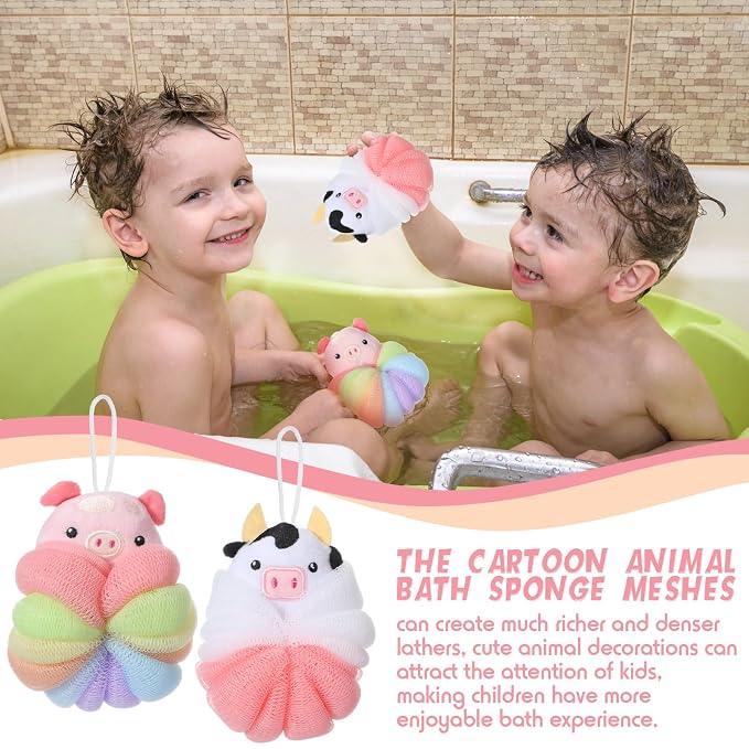 Nuenen 2 Pcs Bath Loofahs Kids Toddler Cute Cartoon Bath Sponges Loofah Pouf - Image 5