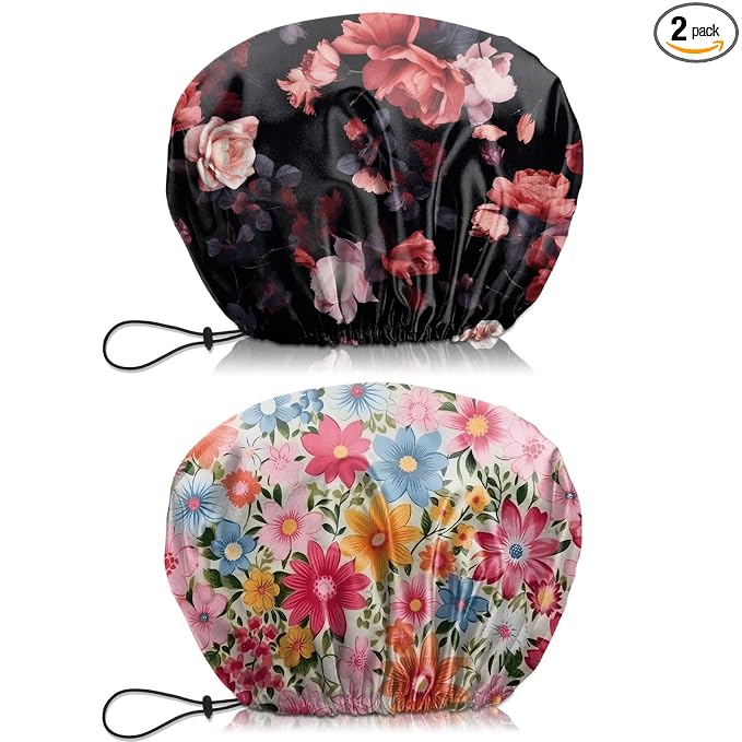 2 PCS Shower Cap Waterproof Double Layer Elastic Adjustable Reusable Hair Bath by BHAHB