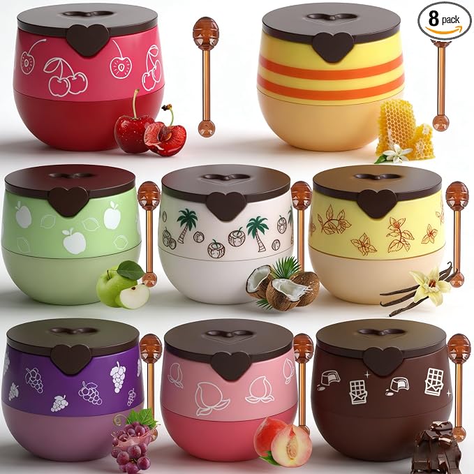 8 PCS Fruit Lip Mask Set with Honey & Vitamin E Lip Balm Pot, Moisturizing by Charm+Kiss