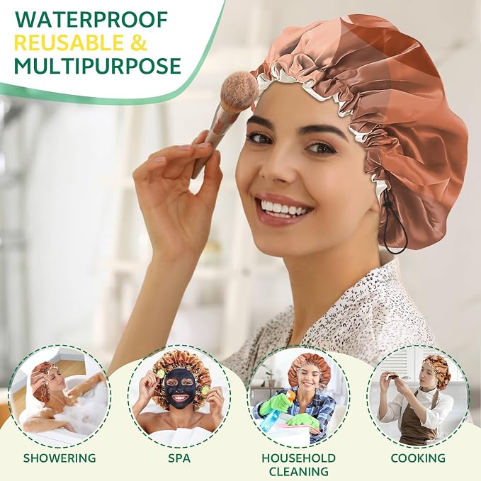 2 PCS Shower Cap Waterproof Double Layer Elastic Adjustable Reusable Hair Bath - Image 6