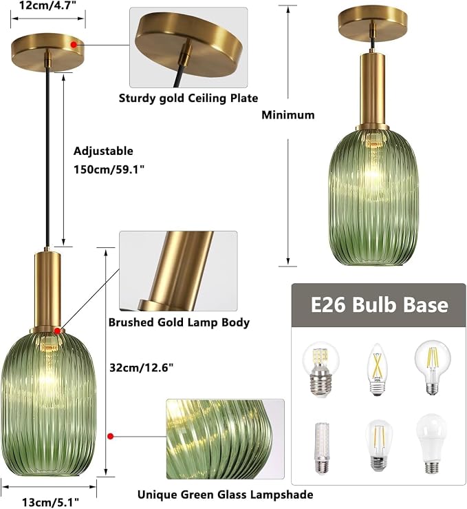 KCO Lighting Green Ribbed Glass Pendant Light Kitchen Island Small Antique - Image 2