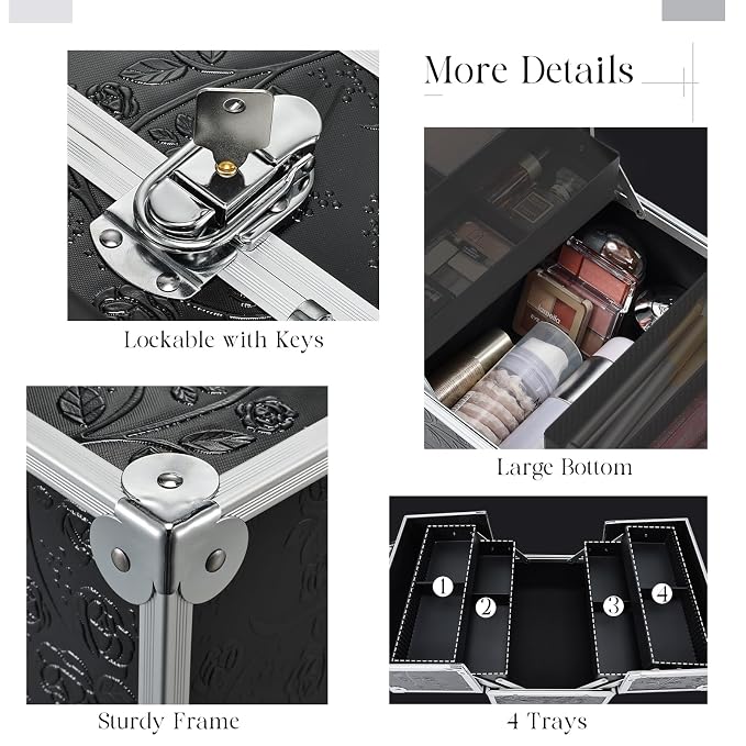 FRENESSA Makeup Train Case Cosmetic Box Portable Makeup Case Organizer 4 Trays - Image 3
