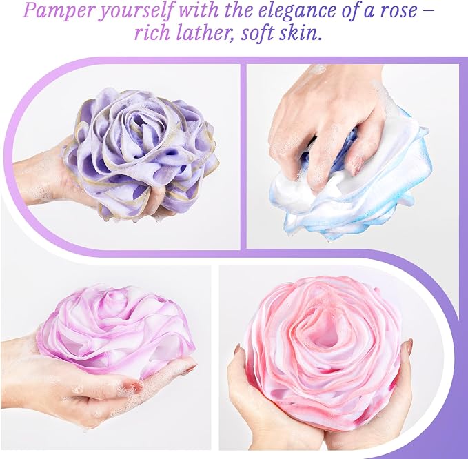 LAYUKI Bath Loofah, Shower Sponge, Body Scrubber, Rose-Shaped - Image 3