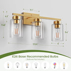 PARTPHONER 3-Light Bathroom Light Fixtures, Brushed Gold Vanity Light - Image 3