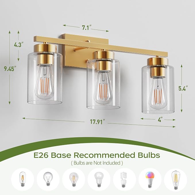 PARTPHONER 3-Light Bathroom Light Fixtures, Brushed Gold Vanity Light - Image 3