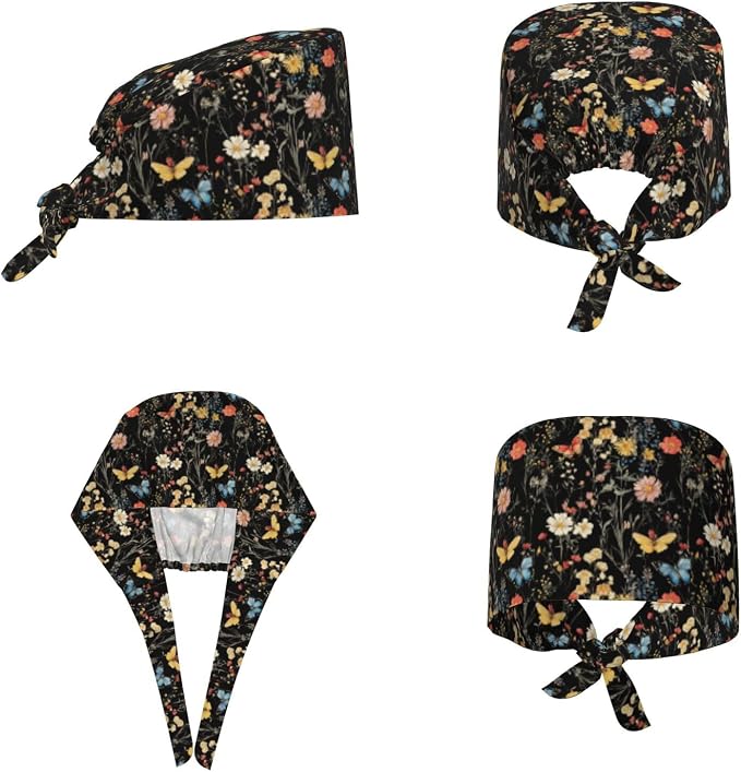 Scrub Cap for Women and Men Boho Black Leaf Pattern Adjustable Breathable - Image 2