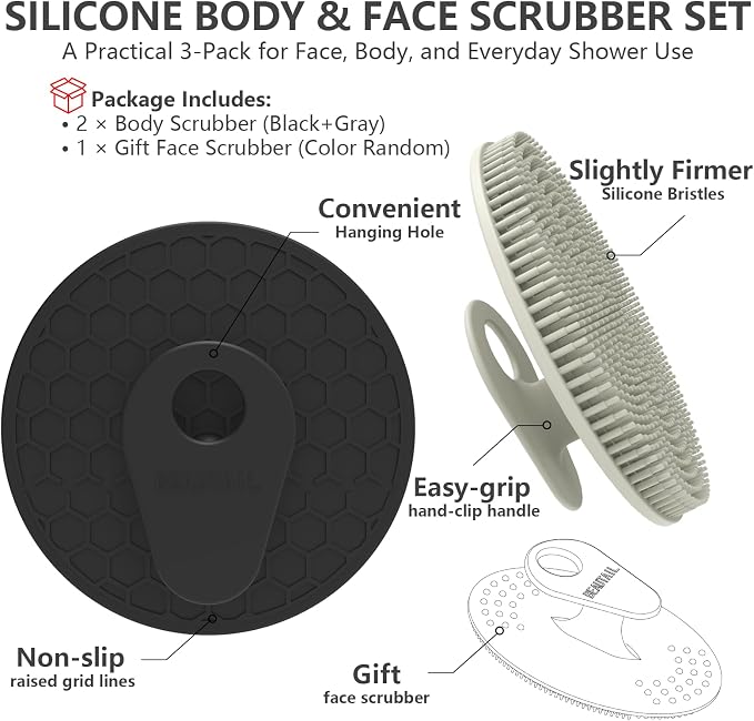 Silicone Body and Face Scrubber Set 3 Pack, BEAUTAIL Shower Bath Scrubber - Image 6