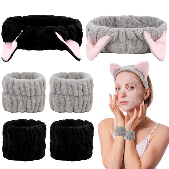 AMCAMI 6 Pcs Spa Set, Cute Make Up Cat Ears Headband Plush Animal Makeup by Amcami