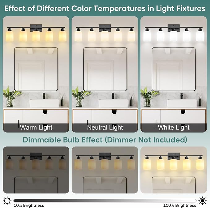 Ascher Bathroom Light Fixtures, 5-Light Vanity Light Over Mirror, Matte Black - Image 7