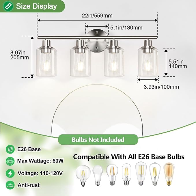 4-Light Bathroom Light Fixtures, Brushed Nickel Modern Vanity Lights Over Mirror - Image 8