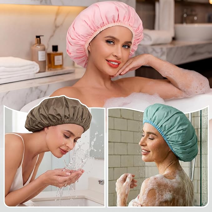 3Pcs Shower Cap for Women Reusable Waterproof, Bath Cap for Long Hair, - Image 6