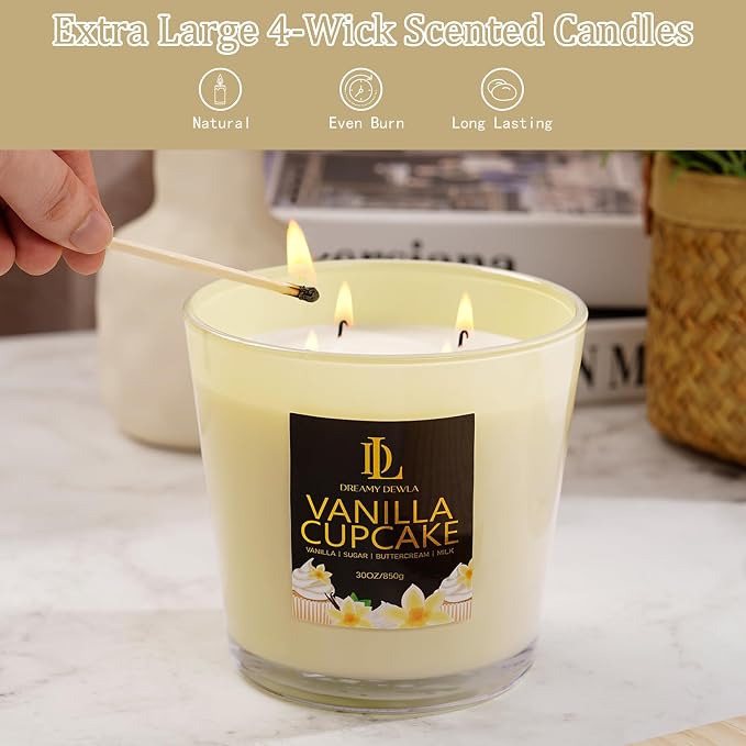 Large Candle Vanilla Cupcake Scented, 4 Wick Natural Soy Candles - Image 4