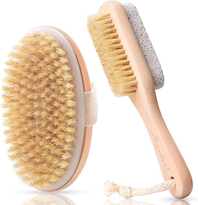 LAYUKI Body Brush for Dry or Wet Brushing and 2-Sided Foot File Scrubber Set by LAYUKI