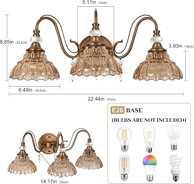 Vintage Bathroom Vanity Light, 3-Light Matte Antique Brass Finish Wall Sconce - Image 6