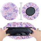Purple Butterfly Print Satin Shower Cap, Three-Layer Terry Cloth Lined - Image 2