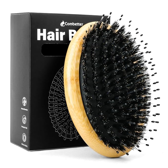 Bamboo Boar Bristle Hair Brush for Women, Men & Kids – Detangling Brush for All by Combetter