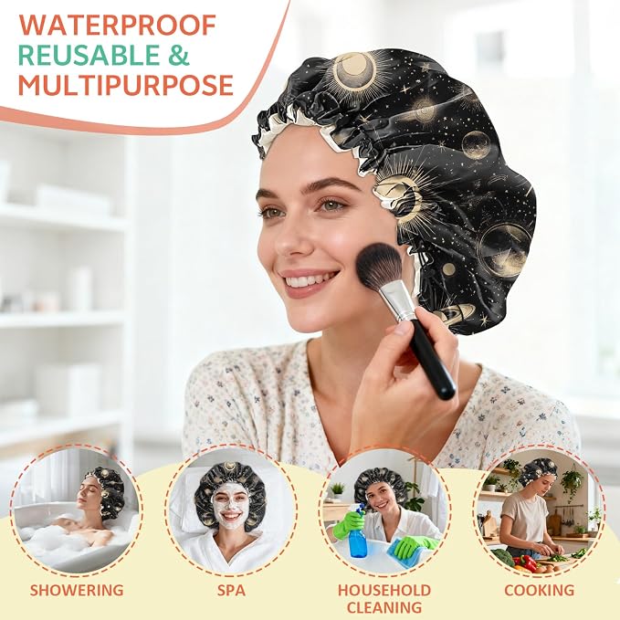 Shower Cap Reusable Double Layer Adjustable Elastic Waterproof EVA Hair Bath - Image 6