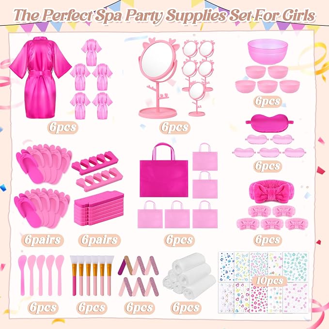 Spa Party Supplies for Girls, 6 Satin Robes Kids Spa Birthday Sleepover - Image 2
