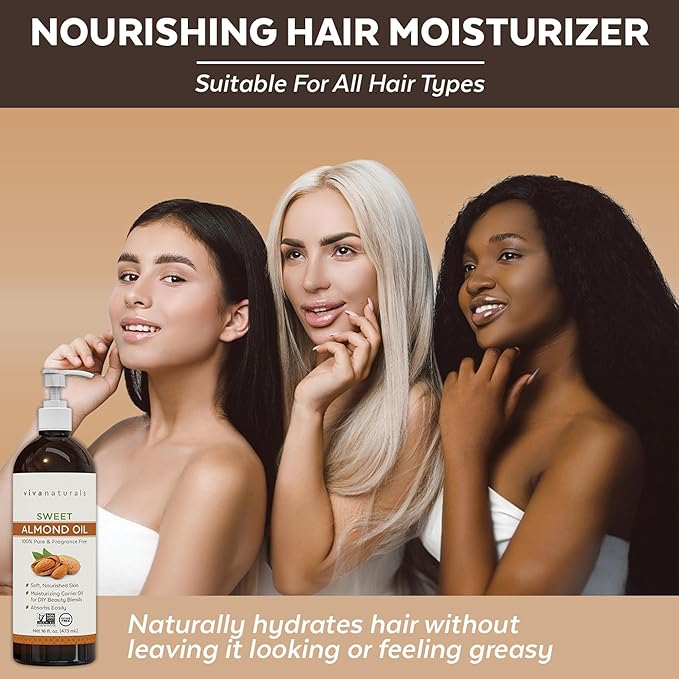 Viva Naturals Sweet Almond Oil, 16 fl. oz – Skin & Hair Moisturizer, Body & - Image 6