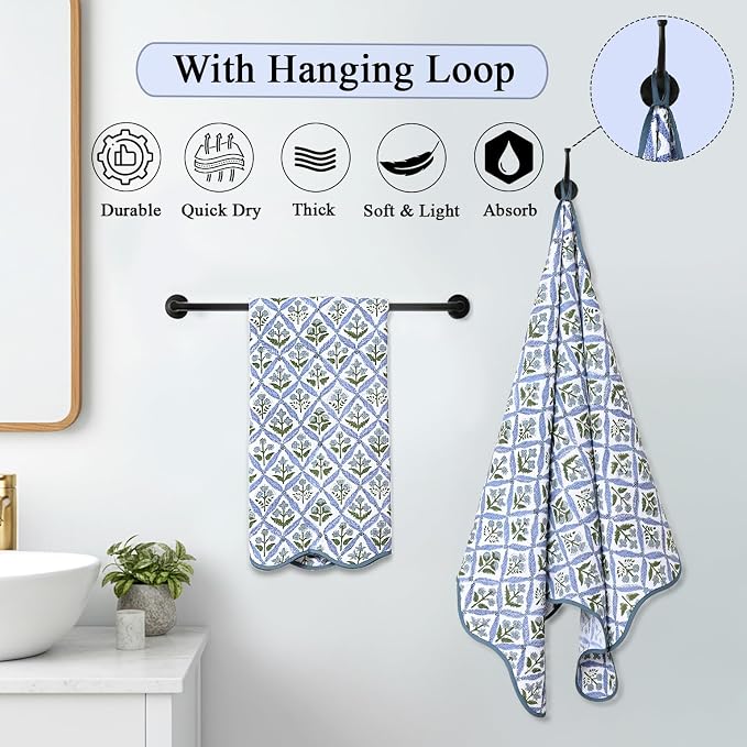 Ridhi Block Print Light Steel Blue Cotton Spa/Beach Towel 27"x54" Set of 2 - Image 2