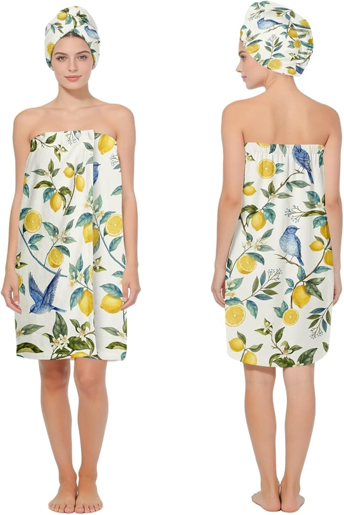 Absorbent Bath Towel Wrap Set for Women, Hummingbird Lemon Print Towel Wrap by HEIFAM