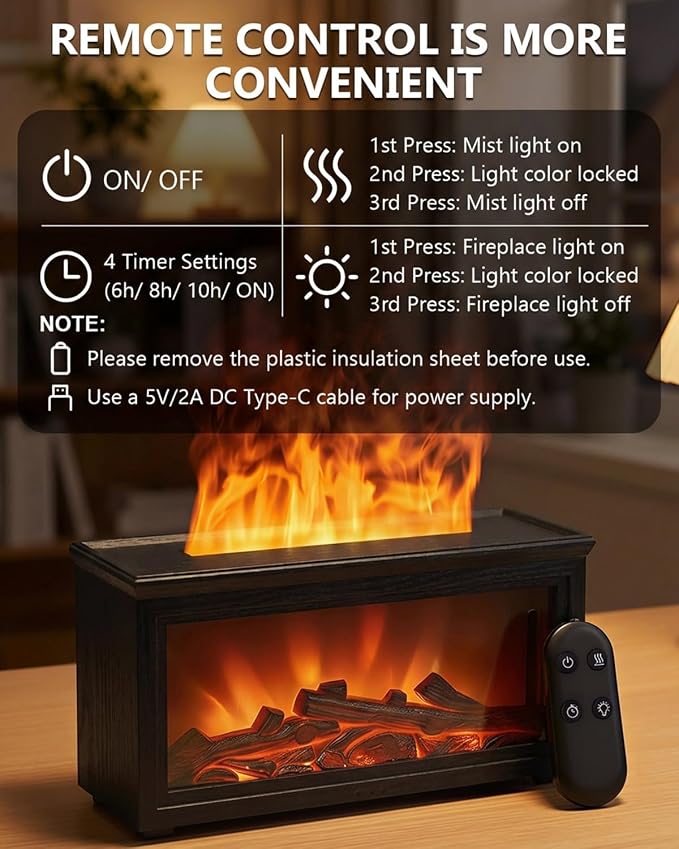 Essential Oil Diffuser, 7-Color Fireplace Fire Flame Aromatherapy Humidifier - Image 6