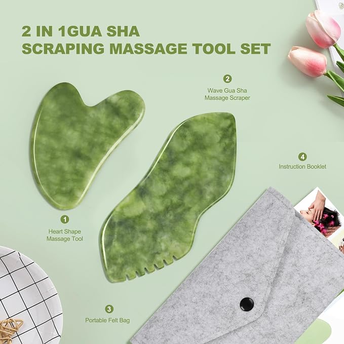 airogym 2PCS Jade Stone Gua Sha Set Face Massager Jade Facial Tools Body - Image 7