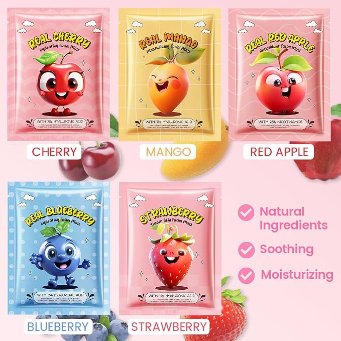Kaely 10 Pack Fruit Face Masks for Kids, Kids Face Mask Spa Day Kit Supplies - Image 2