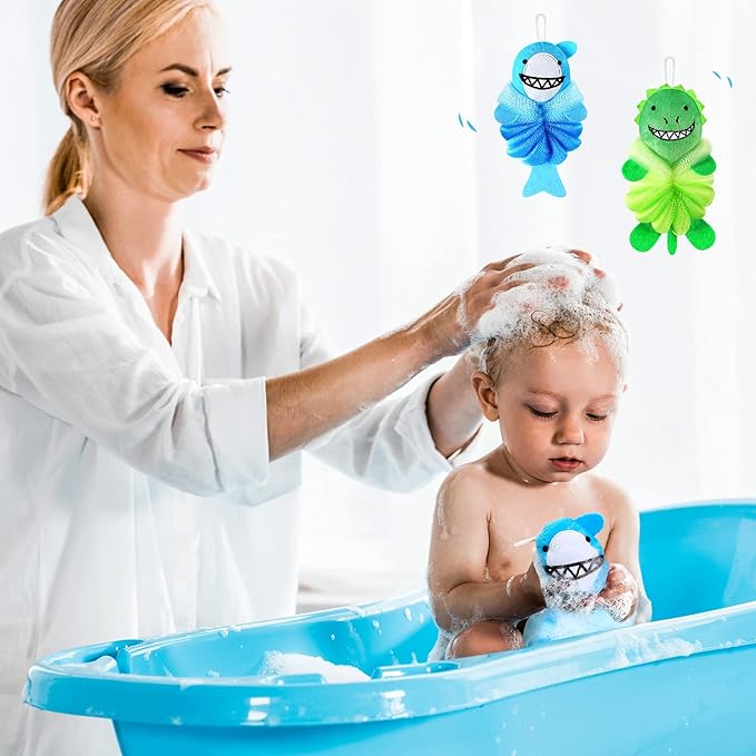 Nuenen 2 Pcs Bath Loofahs Kids Toddler Cute Cartoon Bath Sponges Loofah Pouf - Image 6
