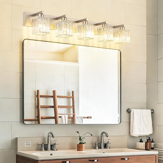 Aipsun Brushed Nickel Bathroom Lighting Fixtures 5 Light Vanity Light Crystal - Image 8