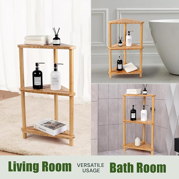 Bamboo Corner Shower Caddy Stand 3-Tier Waterproof, Free Standing Bathroom - Image 7