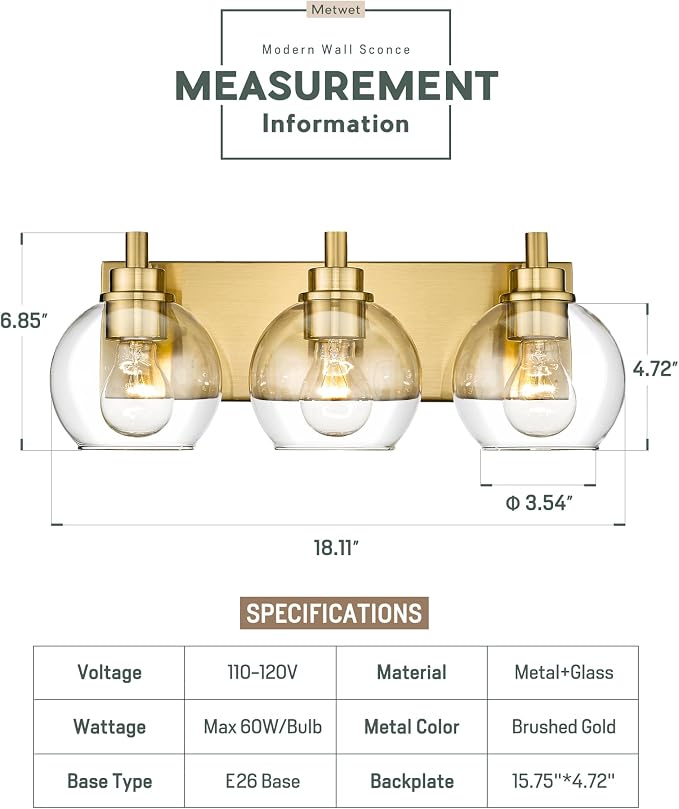 Bathroom Light Fixtures, 3-Light Brushed Gold Vanity Light, Modern Wall Sconces - Image 3