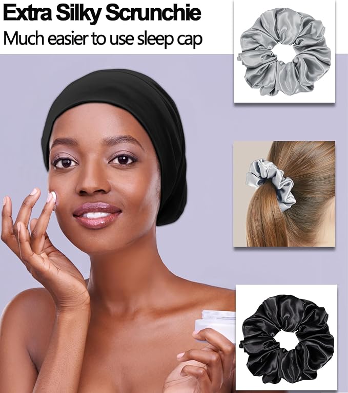 Sleep Cap Bonnet for Sleeping Black Women, Adjustable Cooling Ice Silk Lined - Image 4