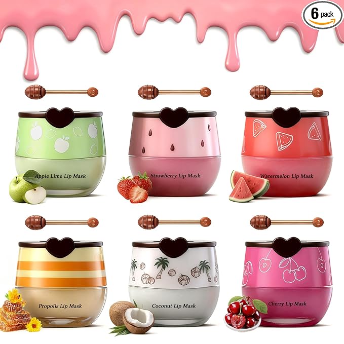 6PCS Bee Lip Balm Honey Pot，Honey&Strawberry&Watermelon&Cherry&Apple&Coconut by Charm+Kiss