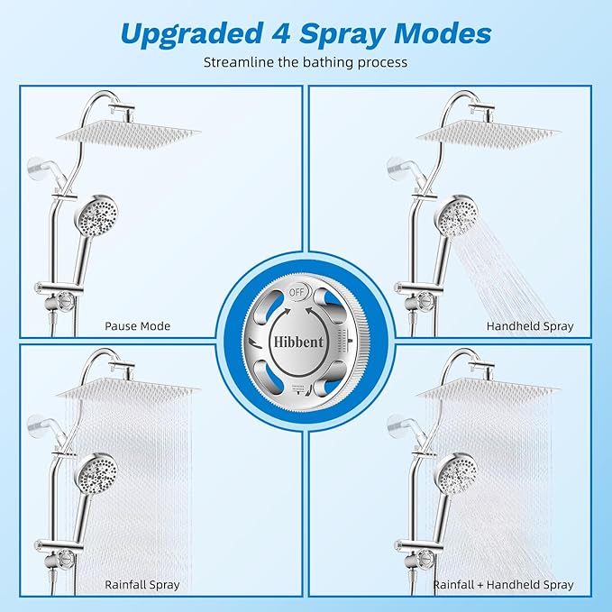 Hibbent cUPC Certified All Metal 12" Rainfall Showerhead Combo, High Pressure - Image 3