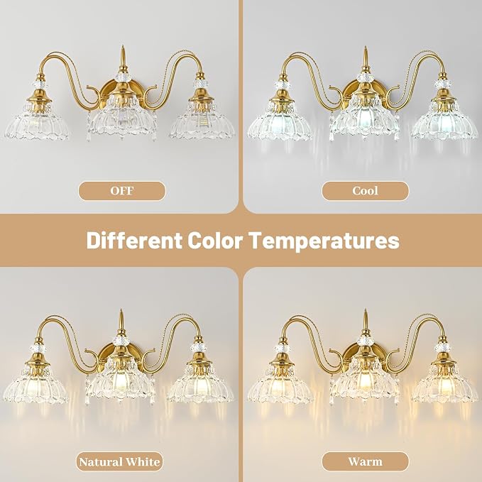 Vintage Bathroom Vanity Light, 3-Light Brushed Gold Finish Wall Sconce - Image 8
