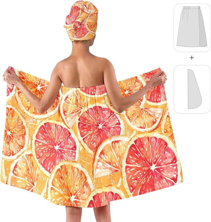 Citrus Print Bath Wrap and Hair Drying Towel Set – Microfiber Quick Dry Shower - Image 2