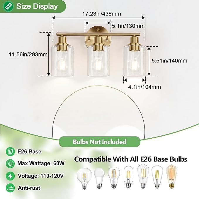 Zarbitta 3-Light Bathroom Light Fixtures, Brushed Brass Bathroom Wall Lights - Image 8