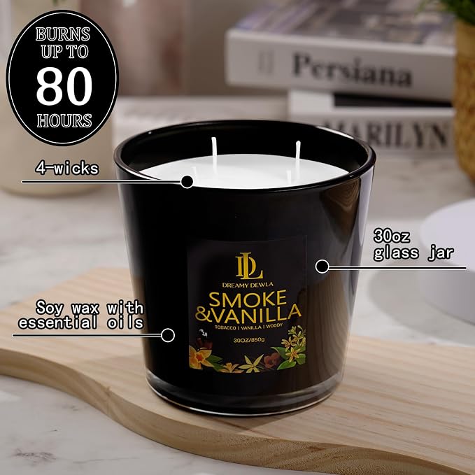 Smoke & Vanilla Scented Candle, Large 30oz Natural Soy Candles, 4-Wick 80 Hour - Image 3